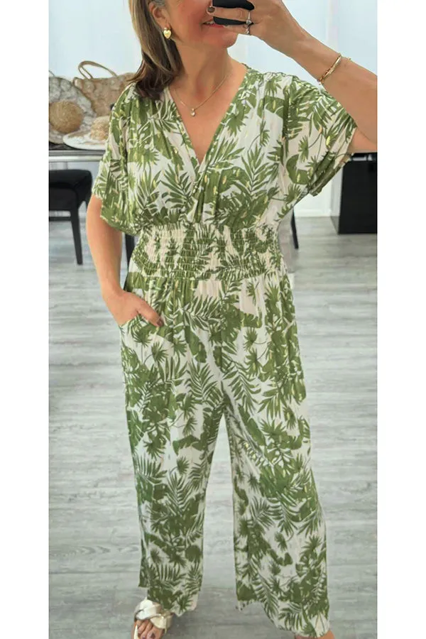 Unique Printed V-neck Loose Casual Wide-leg Jumpsuit