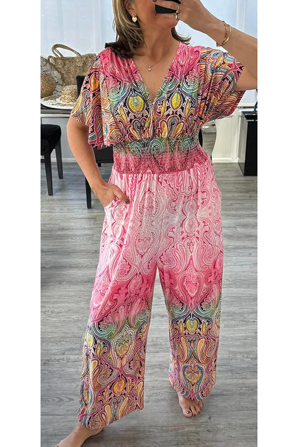 Unique Printed V-neck Loose Casual Wide-leg Jumpsuit