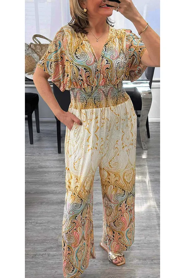 Unique Printed V-neck Loose Casual Wide-leg Jumpsuit