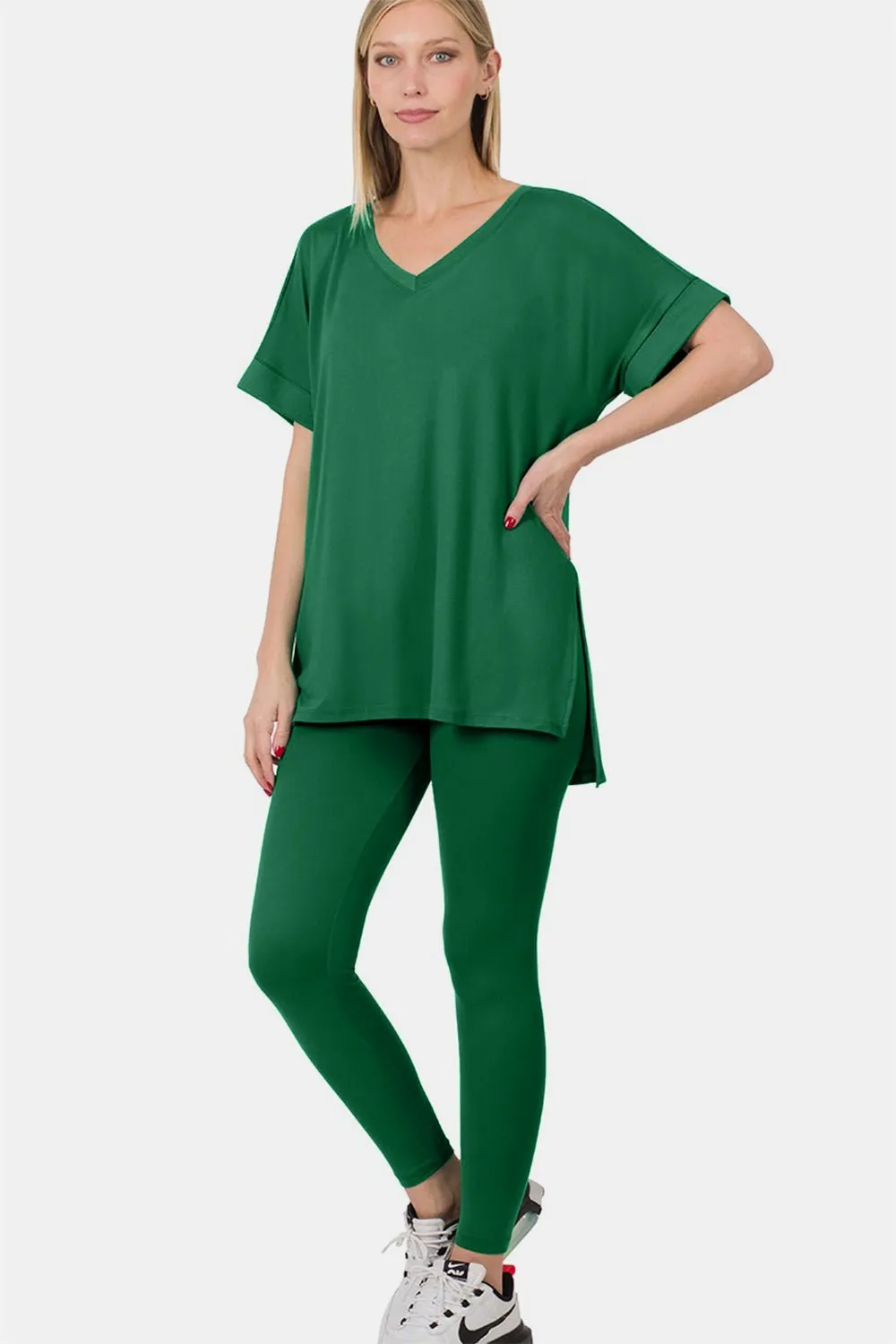 V-Neck Rolled Short Sleeve Lounge Set