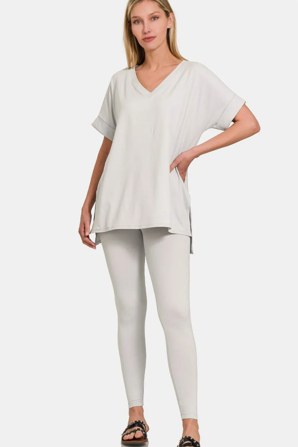 V-Neck Rolled Short Sleeve Lounge Set
