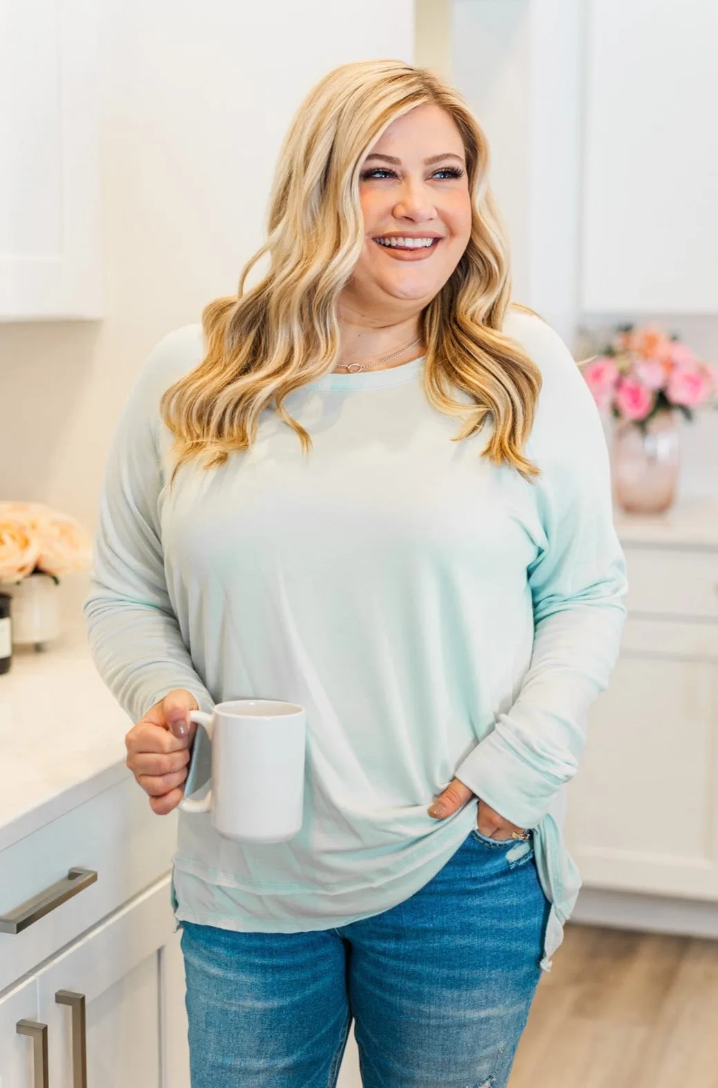 Wake Up The Day Long Sleeve Top- Light Mint