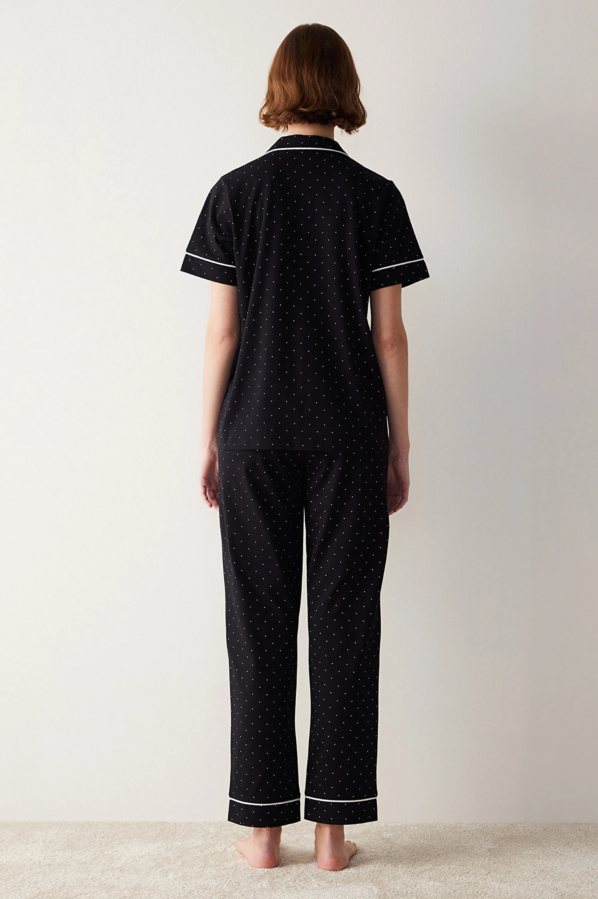 White Dotted Shirt Pants Black Pajama Set