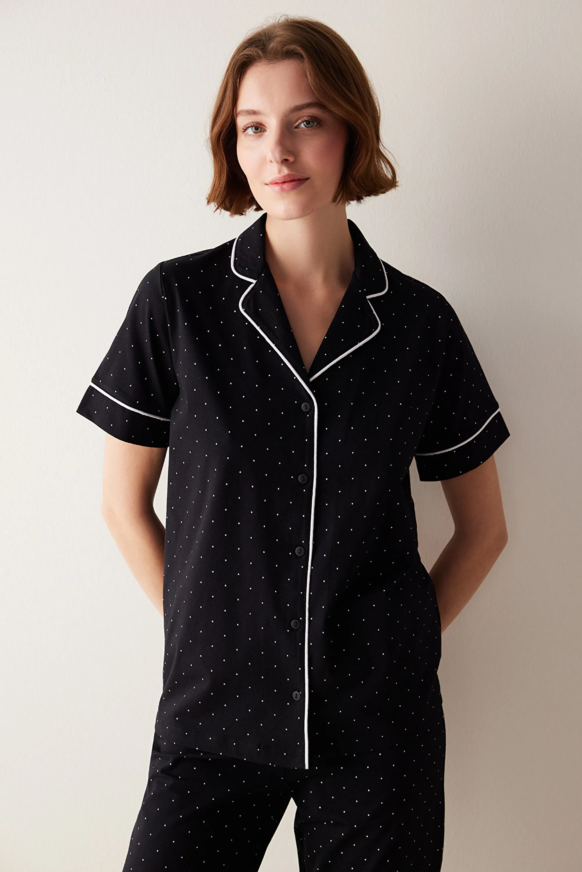 White Dotted Shirt Pants Black Pajama Set
