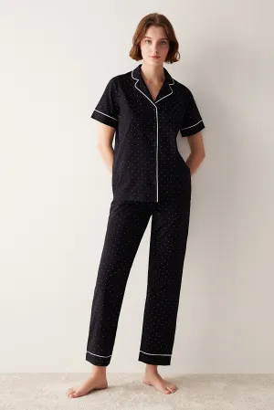 White Dotted Shirt Pants Black Pajama Set