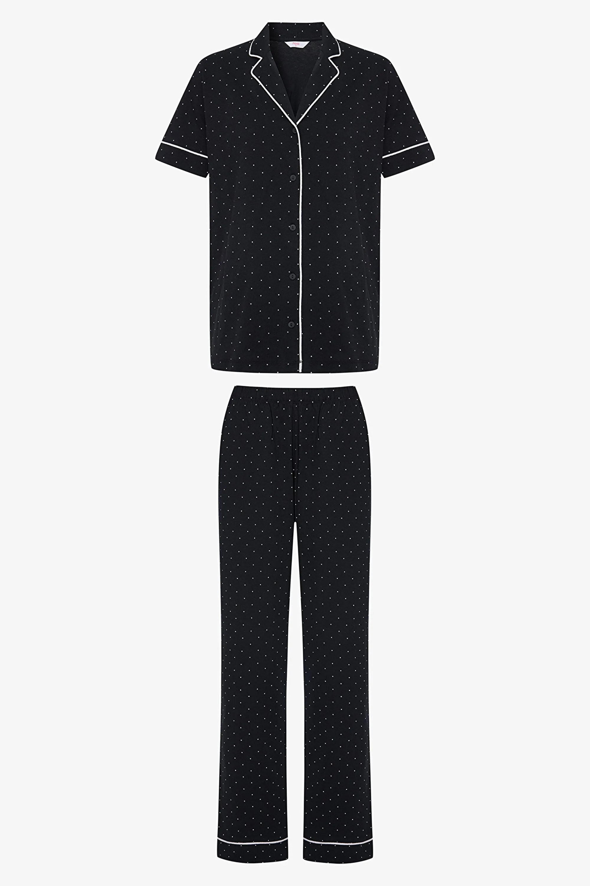 White Dotted Shirt Pants Black Pajama Set