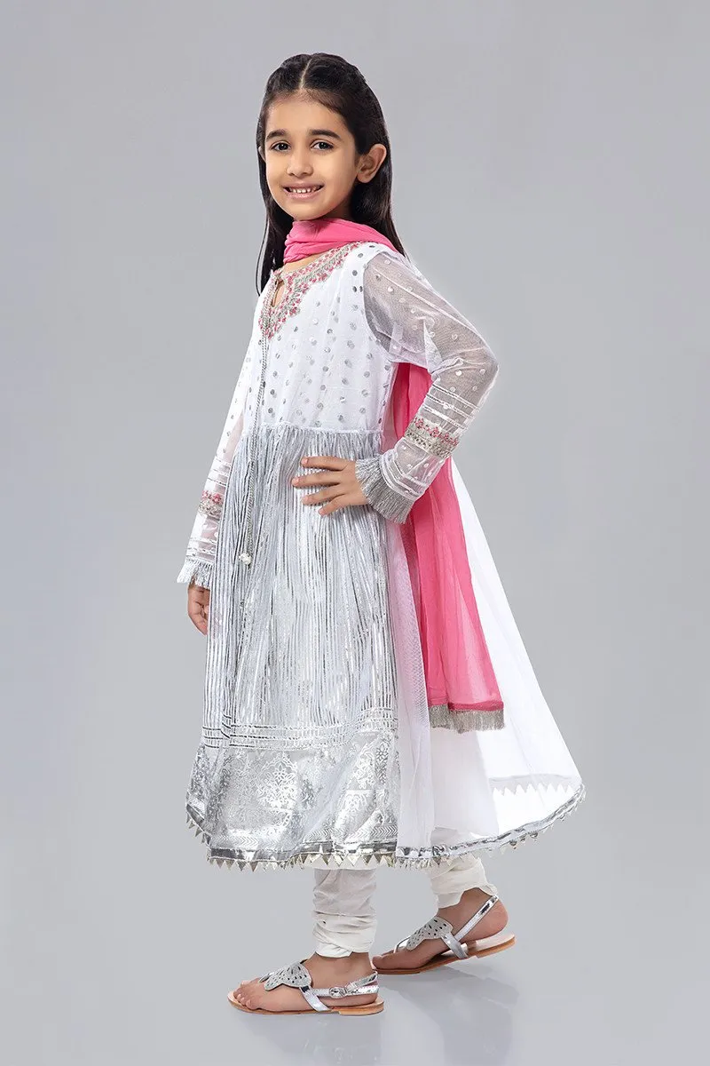 White Fancy Kids Frock for Eid #N9029