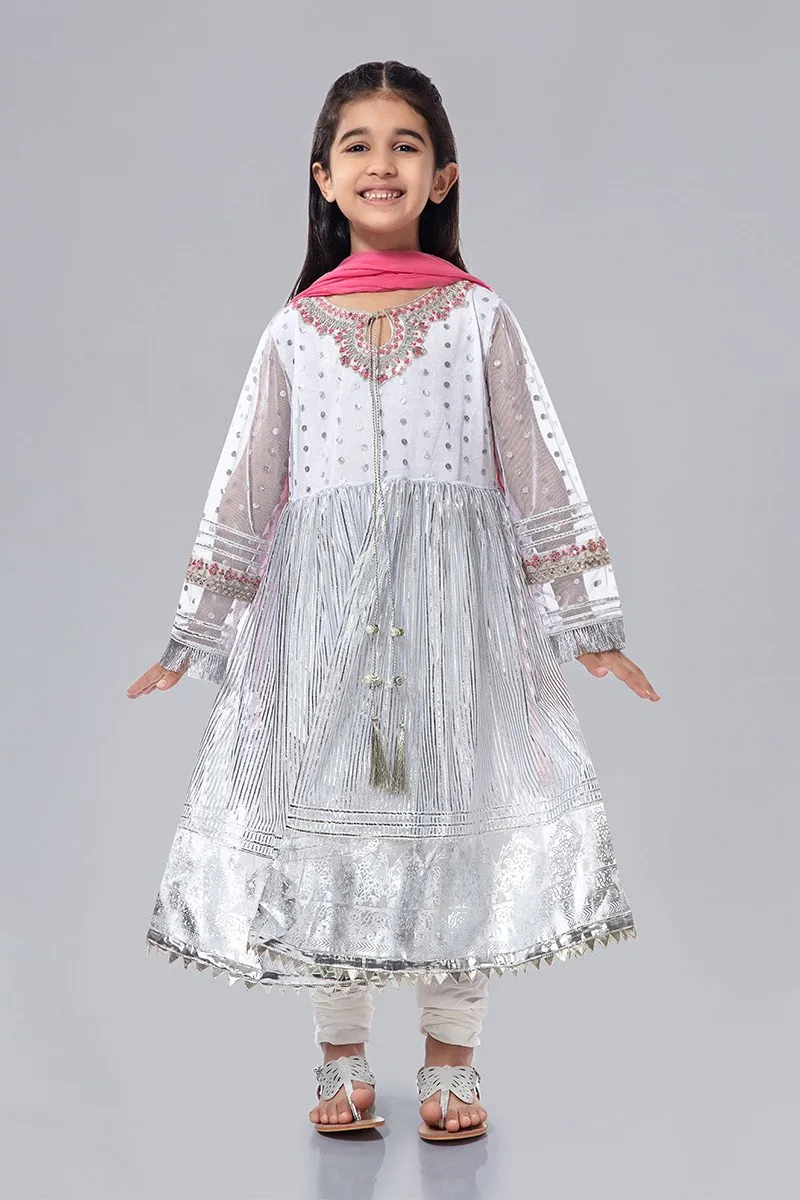 White Fancy Kids Frock for Eid #N9029