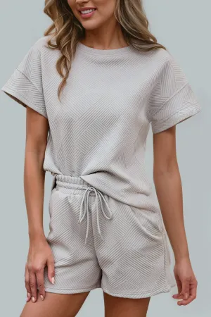 Women 2pcs Solid Textured Drawstring Shorts Set