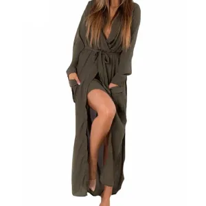 Women Casual Loose Deep V Neck Long Maxi Dress Split Chiffon Dress Plus Size