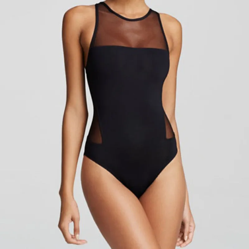 Women One Piece Mesh Bodysuits Lady Sexy Push Up Padded Balck Triangle Siamese Jumpsuits