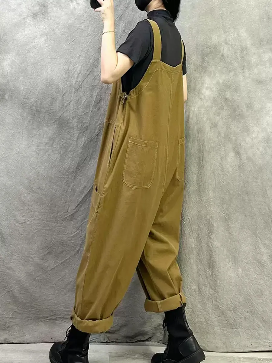 Women Summer Casual Pure Color Cotton Long Jumpsuits