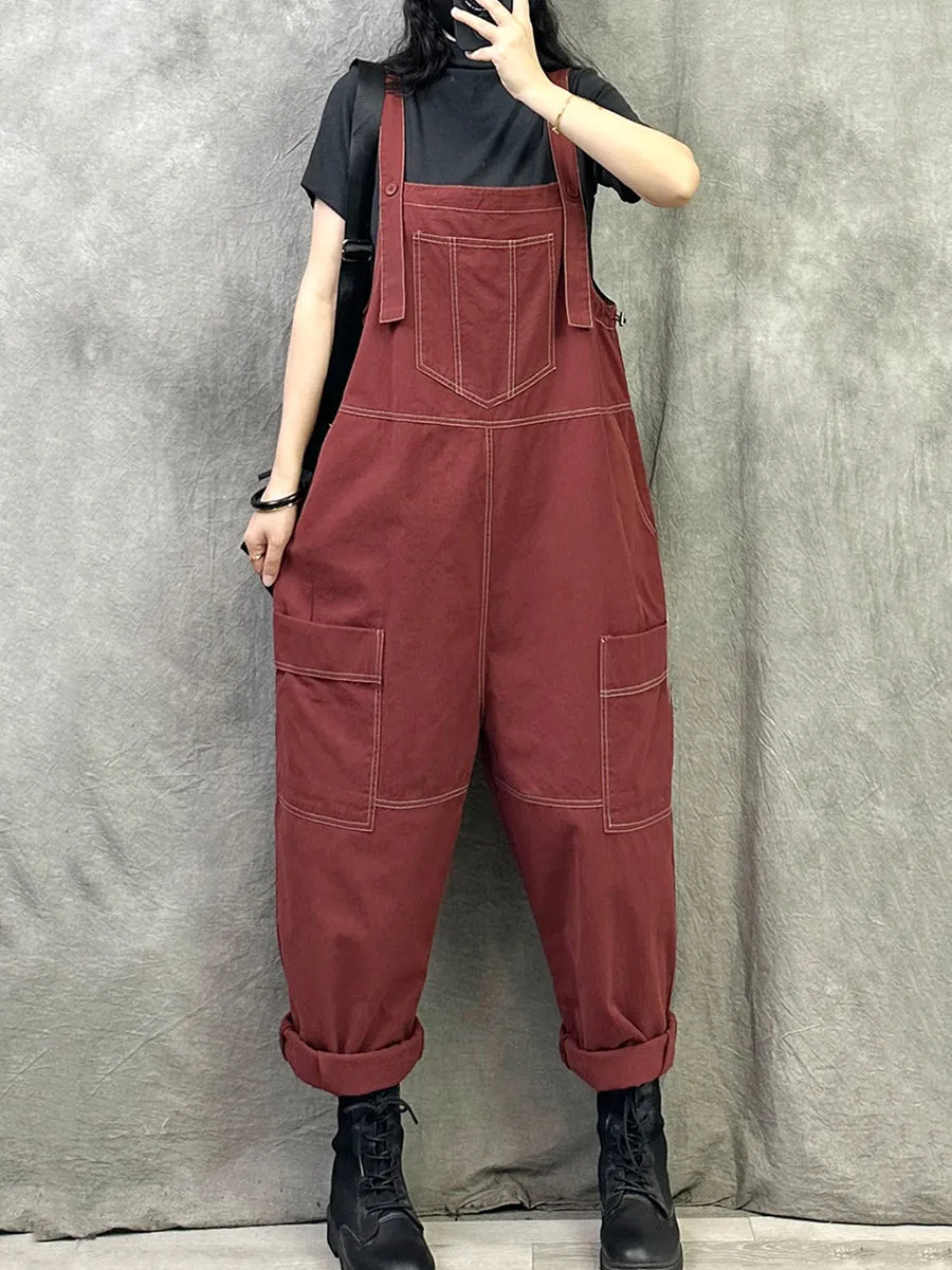 Women Summer Casual Pure Color Cotton Long Jumpsuits