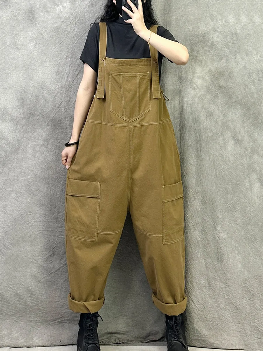 Women Summer Casual Pure Color Cotton Long Jumpsuits