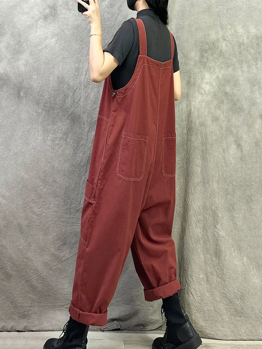 Women Summer Casual Pure Color Cotton Long Jumpsuits