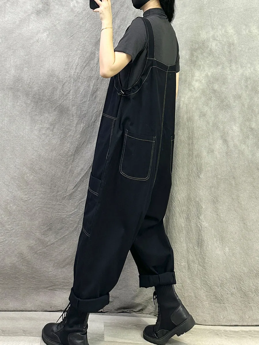 Women Summer Casual Pure Color Cotton Long Jumpsuits