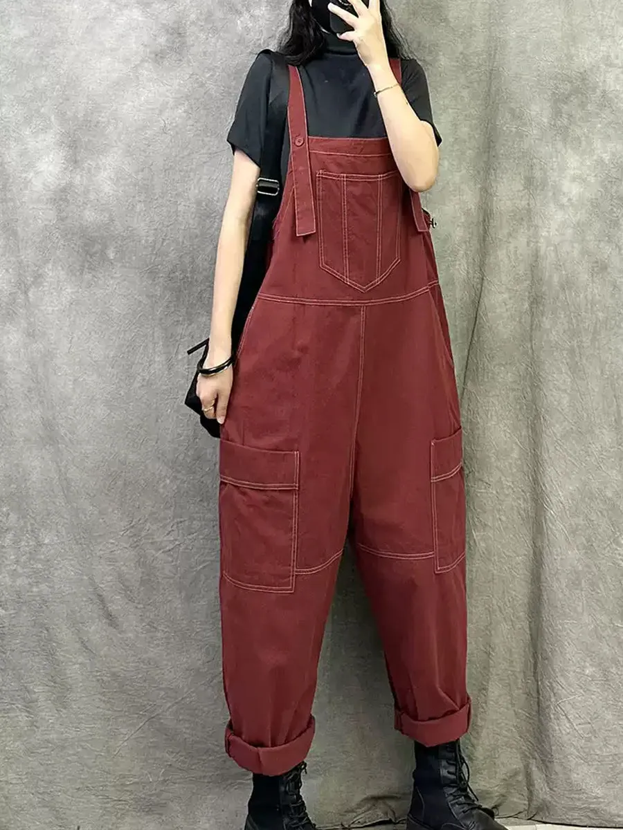 Women Summer Casual Pure Color Cotton Long Jumpsuits
