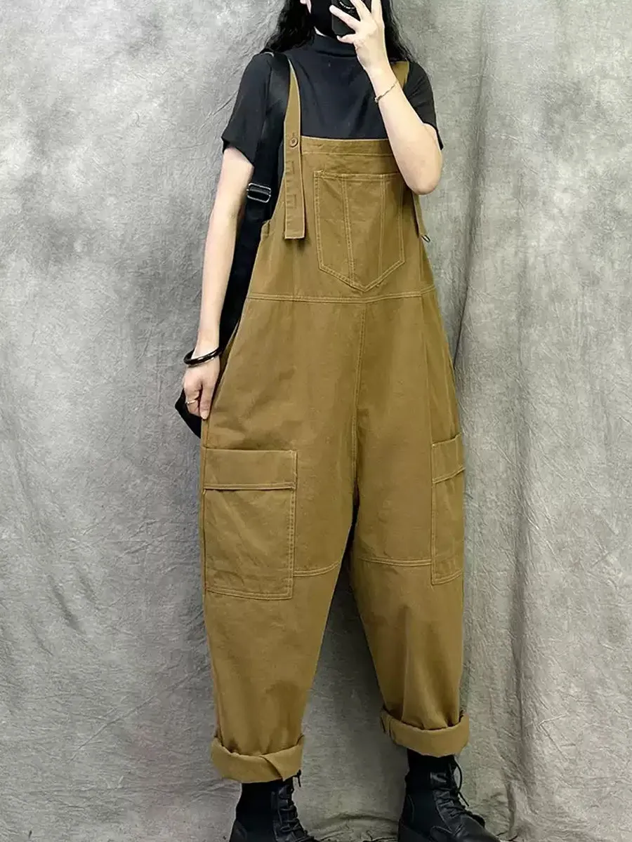 Women Summer Casual Pure Color Cotton Long Jumpsuits