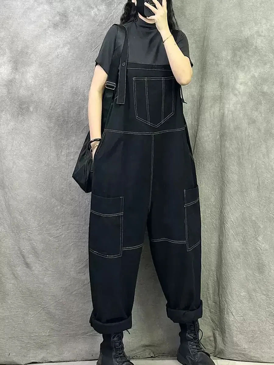Women Summer Casual Pure Color Cotton Long Jumpsuits