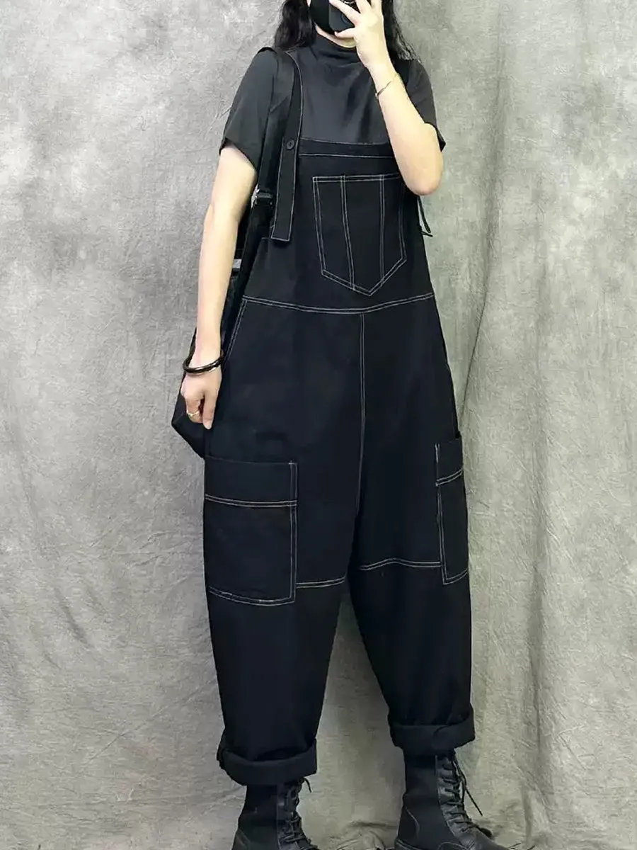 Women Summer Casual Pure Color Cotton Long Jumpsuits