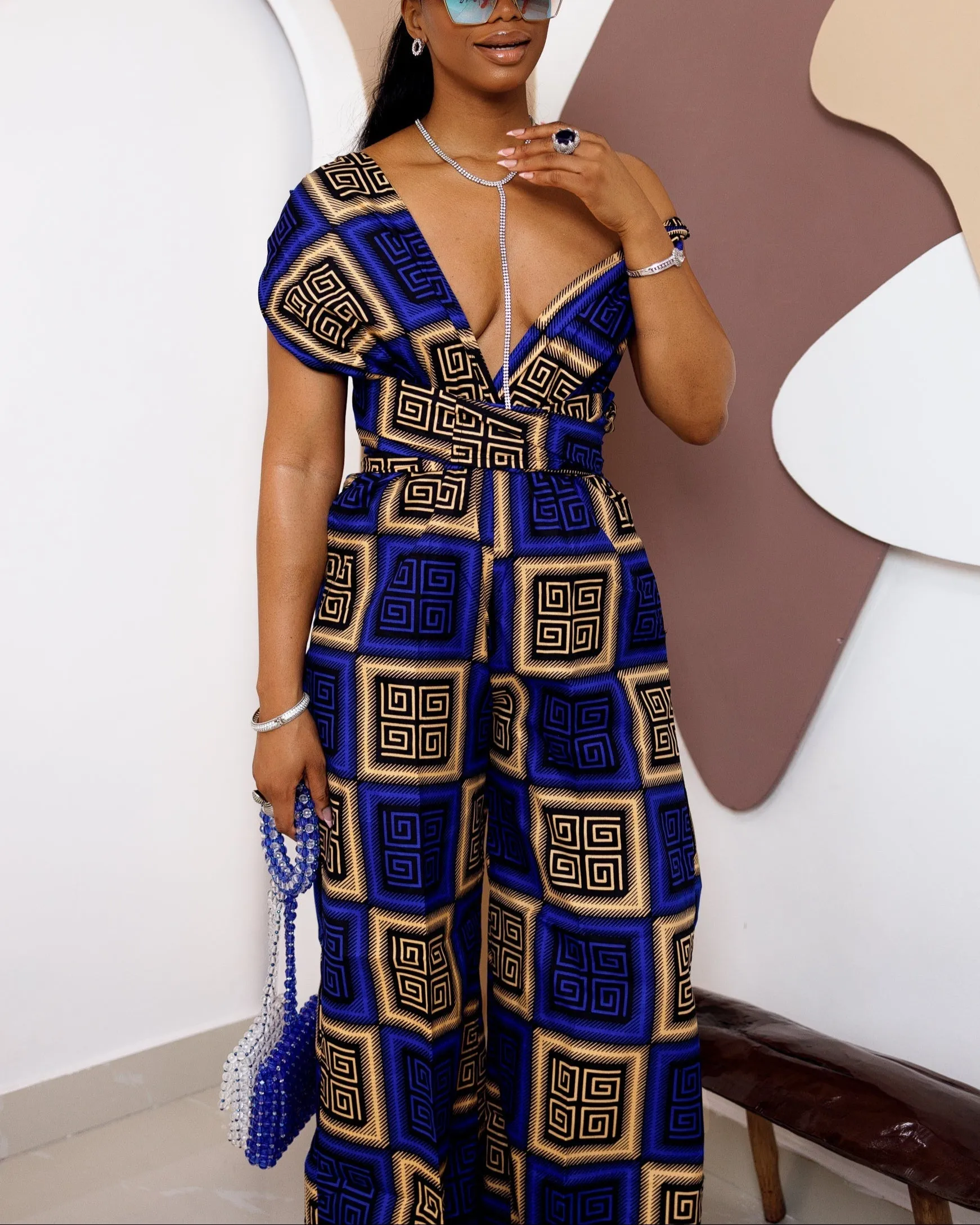 Women's Casual Print V Neck Jumpsuits