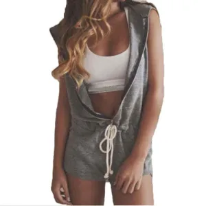 Womens Hooded Romper Sleeveless V Neck Jumpsuits Ladies Casual Clothing Plus Size S-5XL