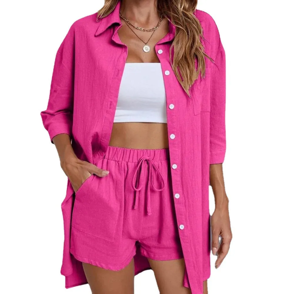Women's Pajama Set with Drawstring Shorts and Three Quarter Length Shirt