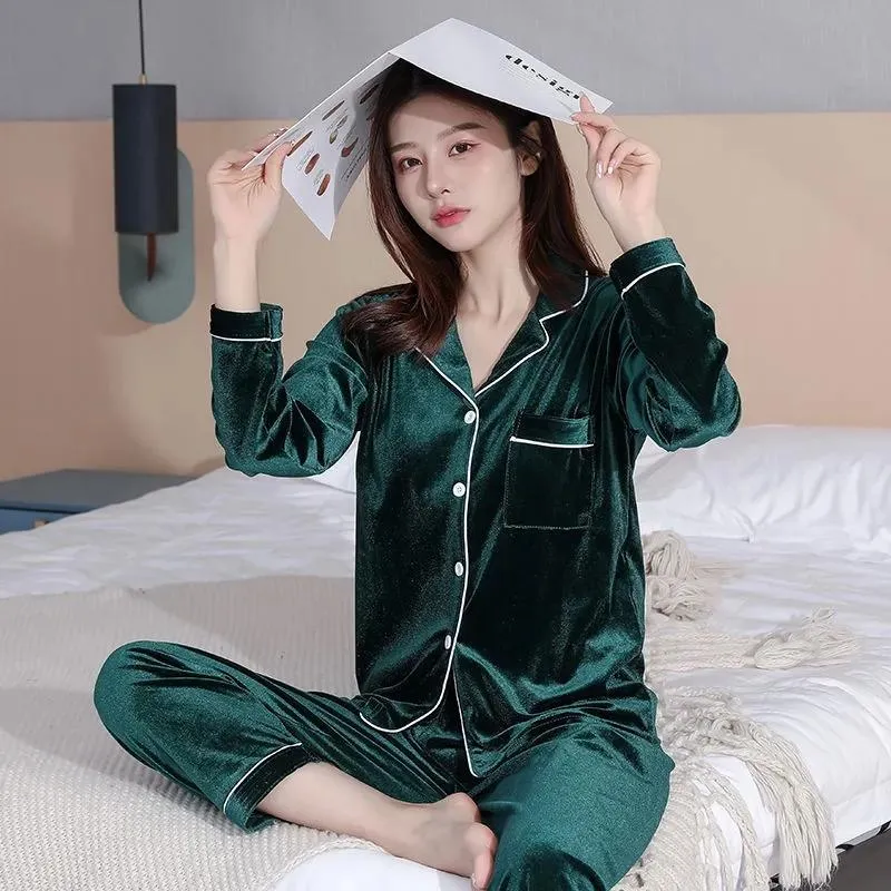 Women's Spring Autumn Gold Velvet Pajamas Set Lapel Button Simple Pyjamas Solid Long-sleeved Homewear Two-piece Set Comfortable Loose Sleeping Suit