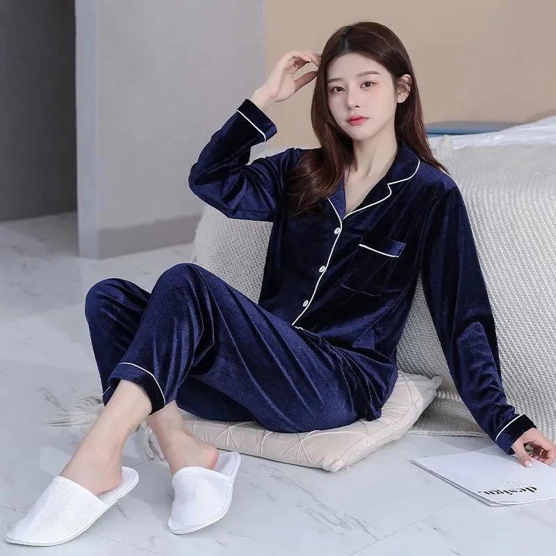 Women's Spring Autumn Gold Velvet Pajamas Set Lapel Button Simple Pyjamas Solid Long-sleeved Homewear Two-piece Set Comfortable Loose Sleeping Suit