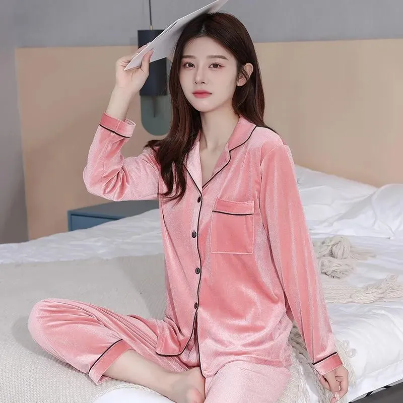 Women's Spring Autumn Gold Velvet Pajamas Set Lapel Button Simple Pyjamas Solid Long-sleeved Homewear Two-piece Set Comfortable Loose Sleeping Suit