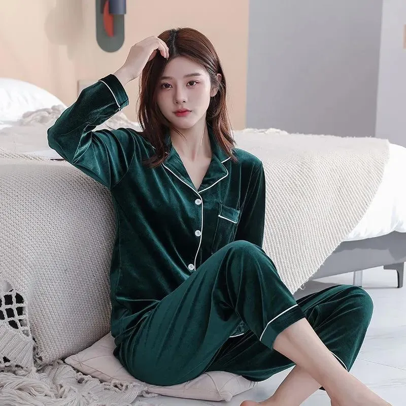 Women's Spring Autumn Gold Velvet Pajamas Set Lapel Button Simple Pyjamas Solid Long-sleeved Homewear Two-piece Set Comfortable Loose Sleeping Suit