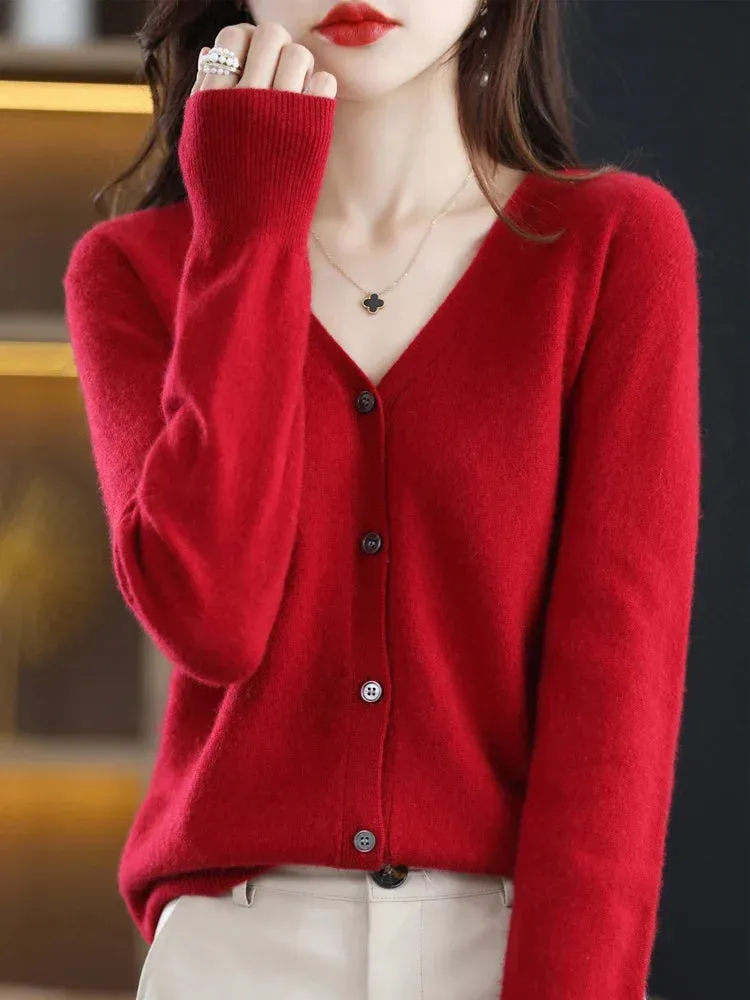 Women's Sweater Cardigans V-neck Single Breasted Short Slim Lady Knitwear Tops Solid