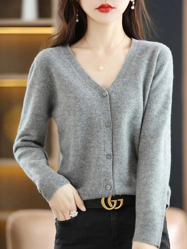 Women's Sweater Cardigans V-neck Single Breasted Short Slim Lady Knitwear Tops Solid