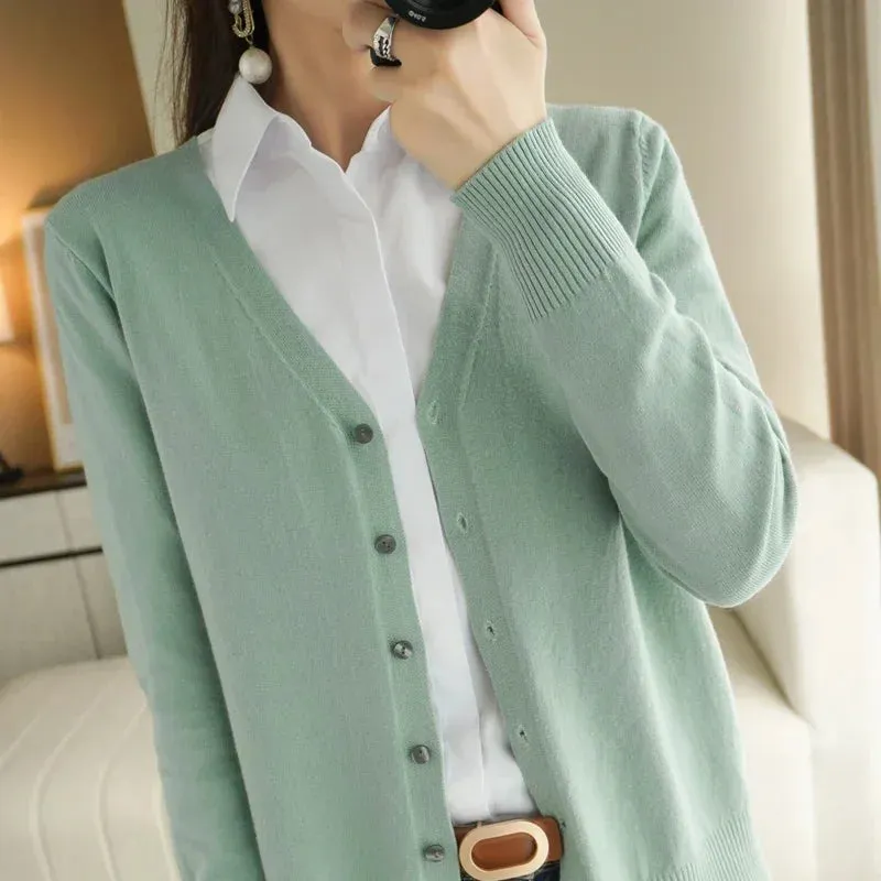 Women's Sweater Cardigans V-neck Single Breasted Short Slim Lady Knitwear Tops Solid