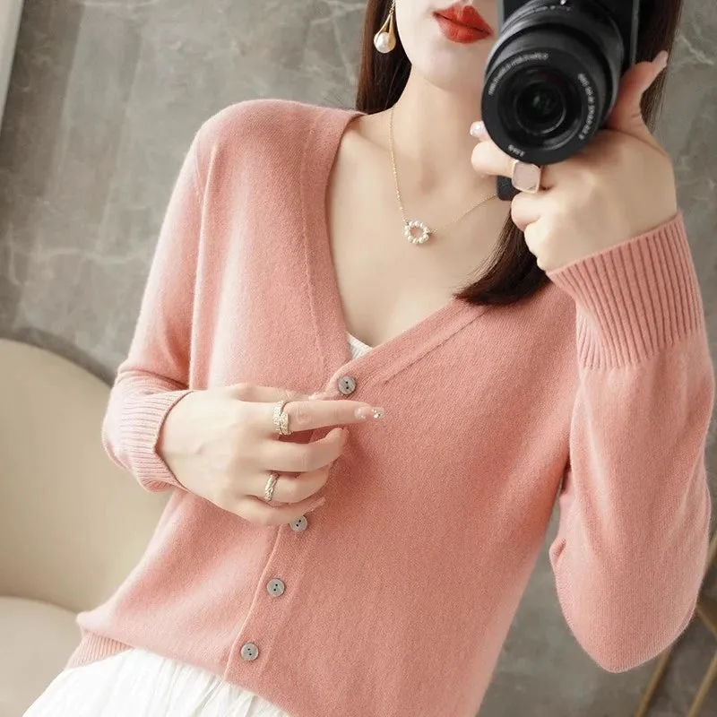 Women's Sweater Cardigans V-neck Single Breasted Short Slim Lady Knitwear Tops Solid