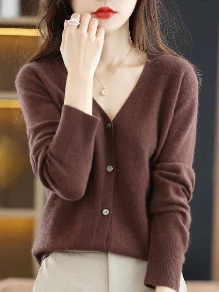 Women's Sweater Cardigans V-neck Single Breasted Short Slim Lady Knitwear Tops Solid