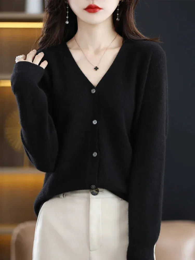 Women's Sweater Cardigans V-neck Single Breasted Short Slim Lady Knitwear Tops Solid