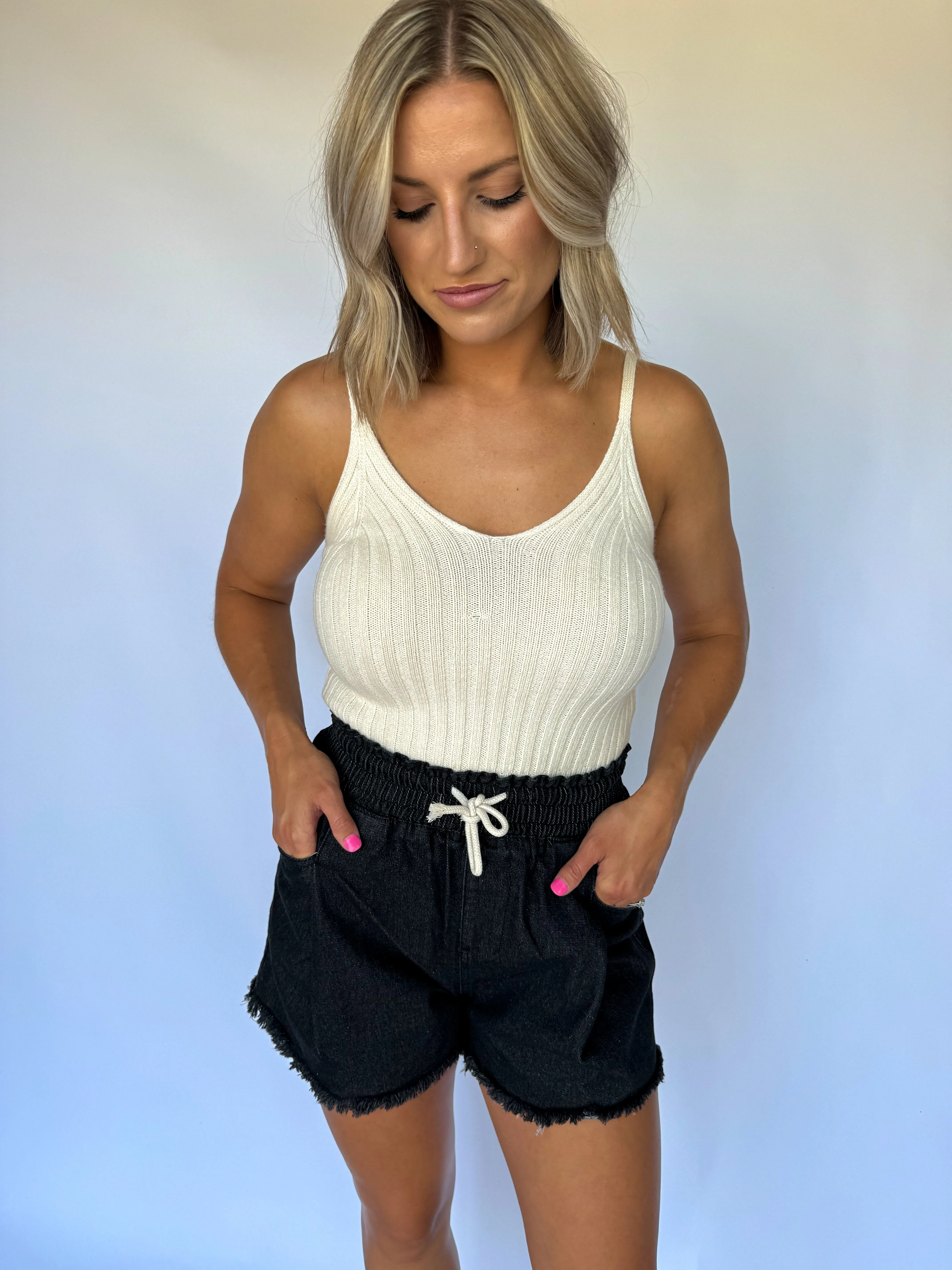 You Could Never Drawstring Denim Shorts