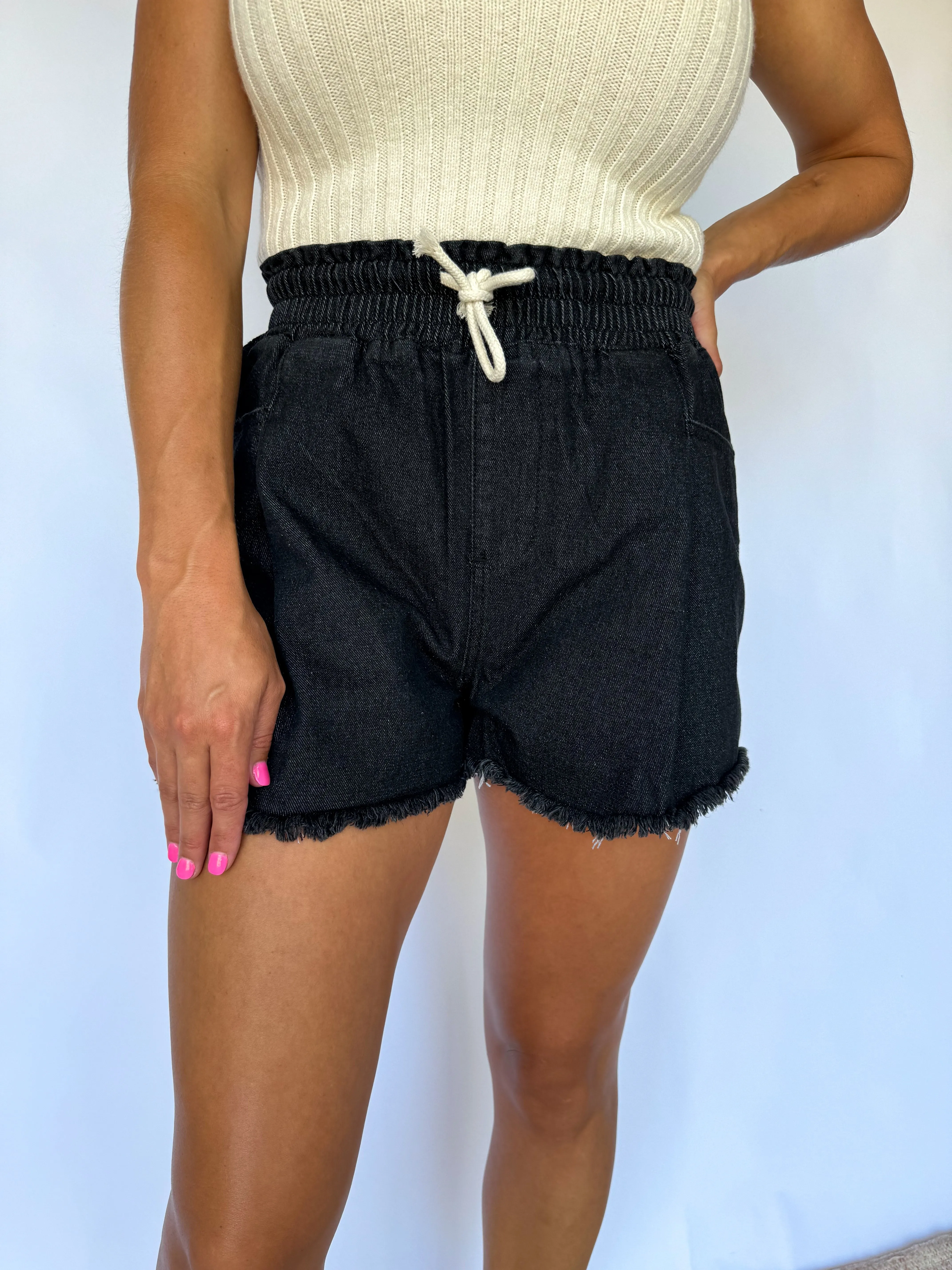 You Could Never Drawstring Denim Shorts